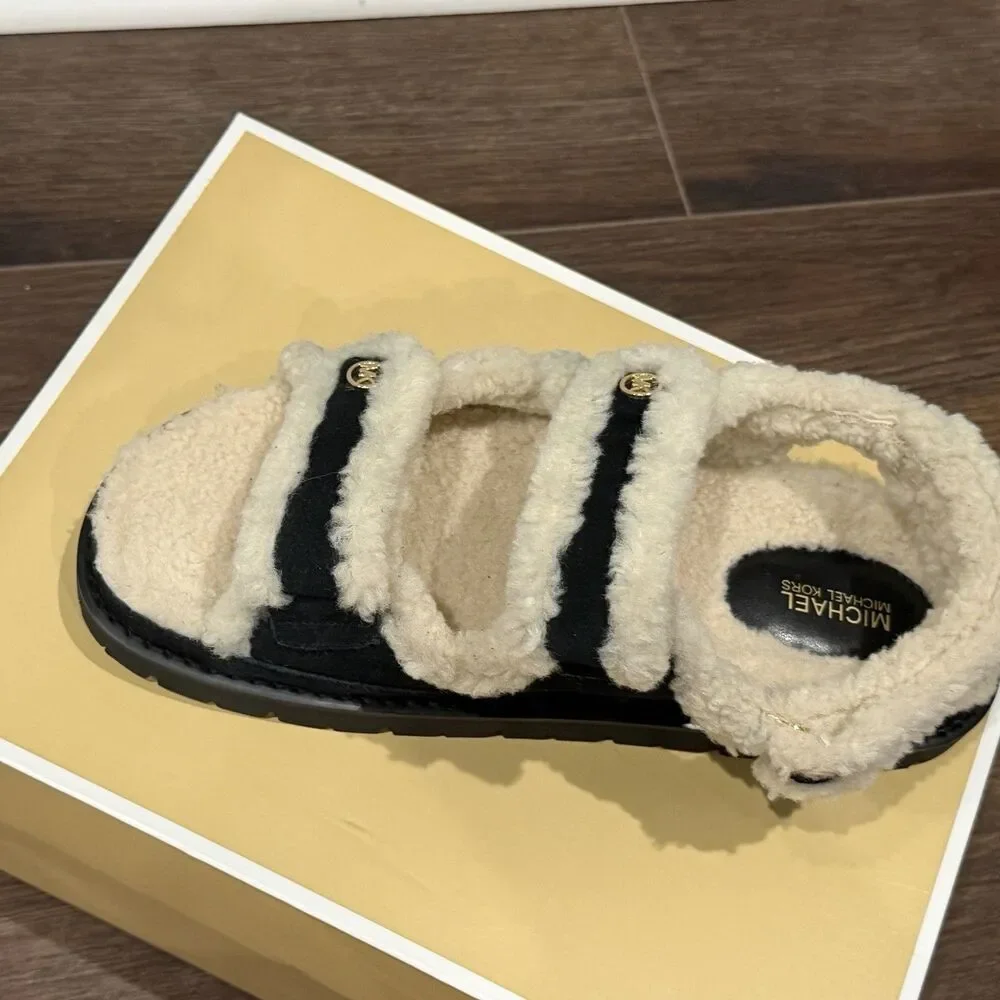 Michael Kors Holland Lug Sandal Faux Shearling Black Womens 9.5M 49F5HLFS1D NIB